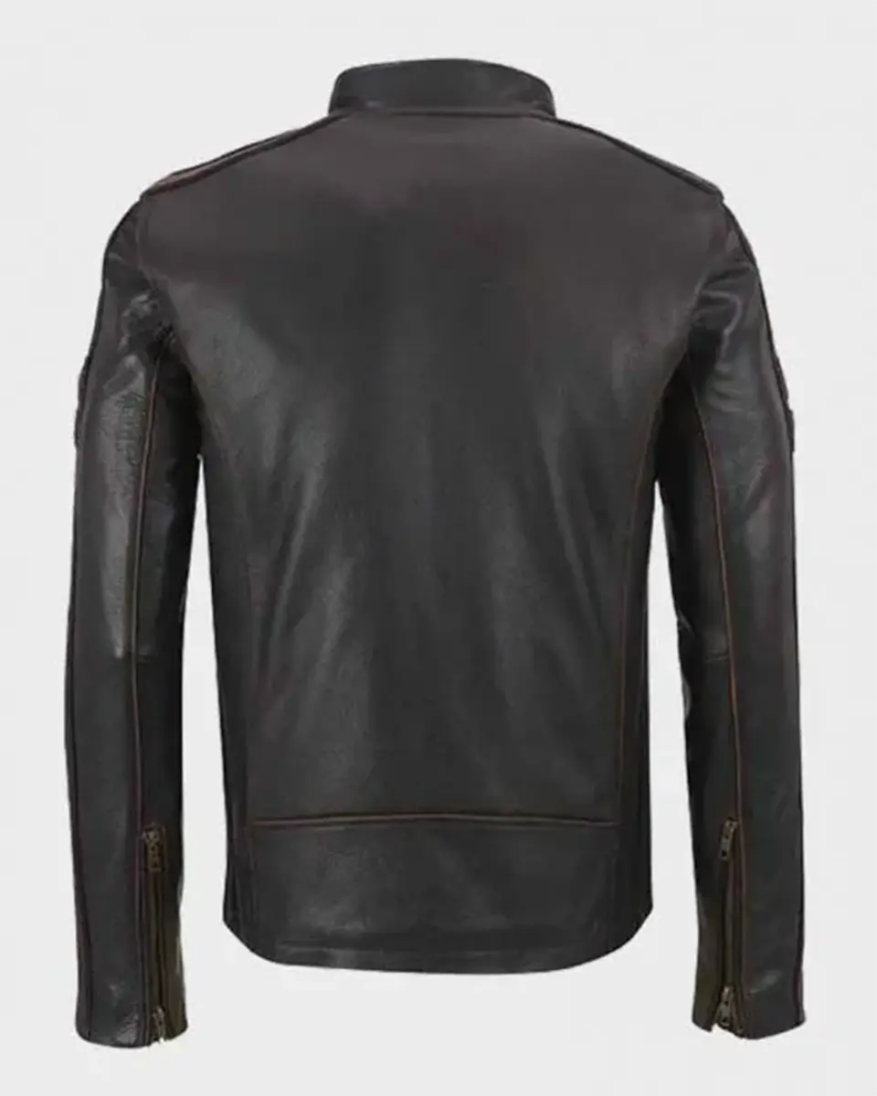 Mens Brown Stripe Cafe Black Leather Racer Jacket
