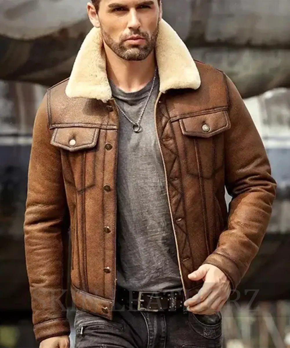 Mens Air Force Shearling Fur Brown Leather Jacket