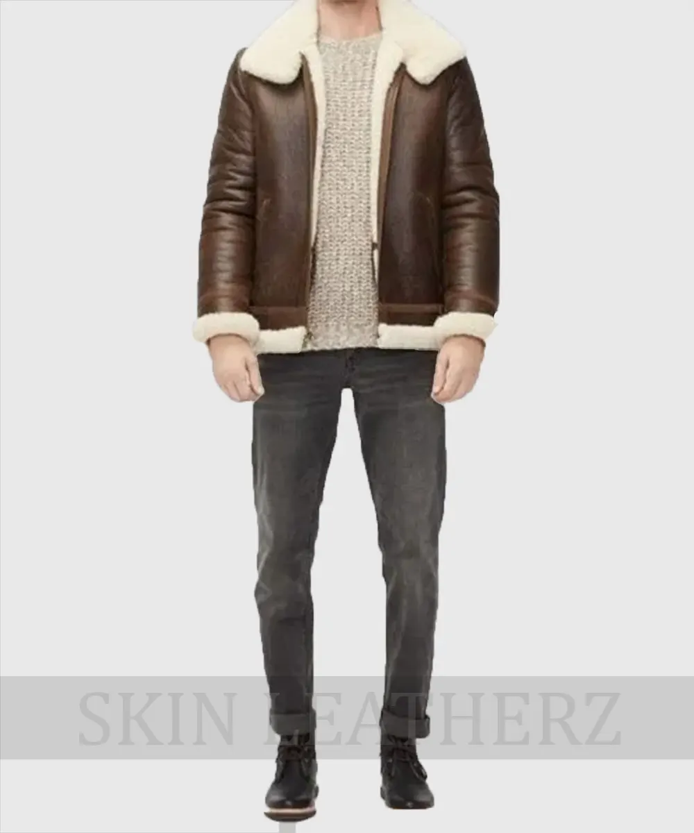 Aviator Brown Shearling Leather Jacket For Mens