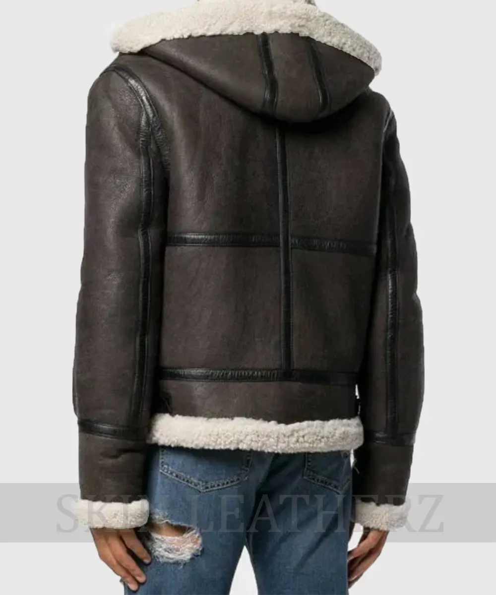 Men's Aviator Grey Shearling Hooded Jacket