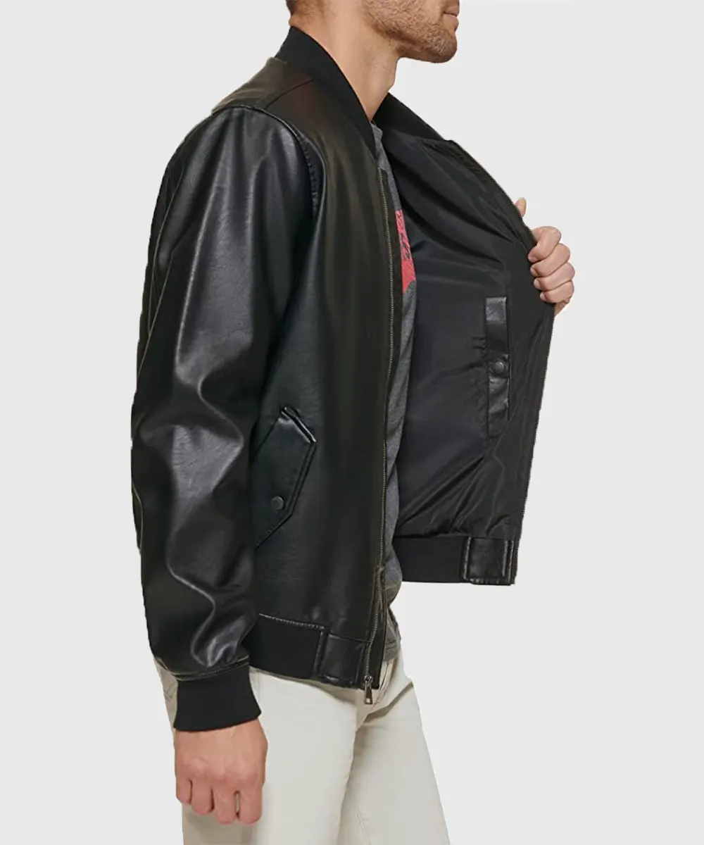 Black Zipper Bomber Leather Jacket