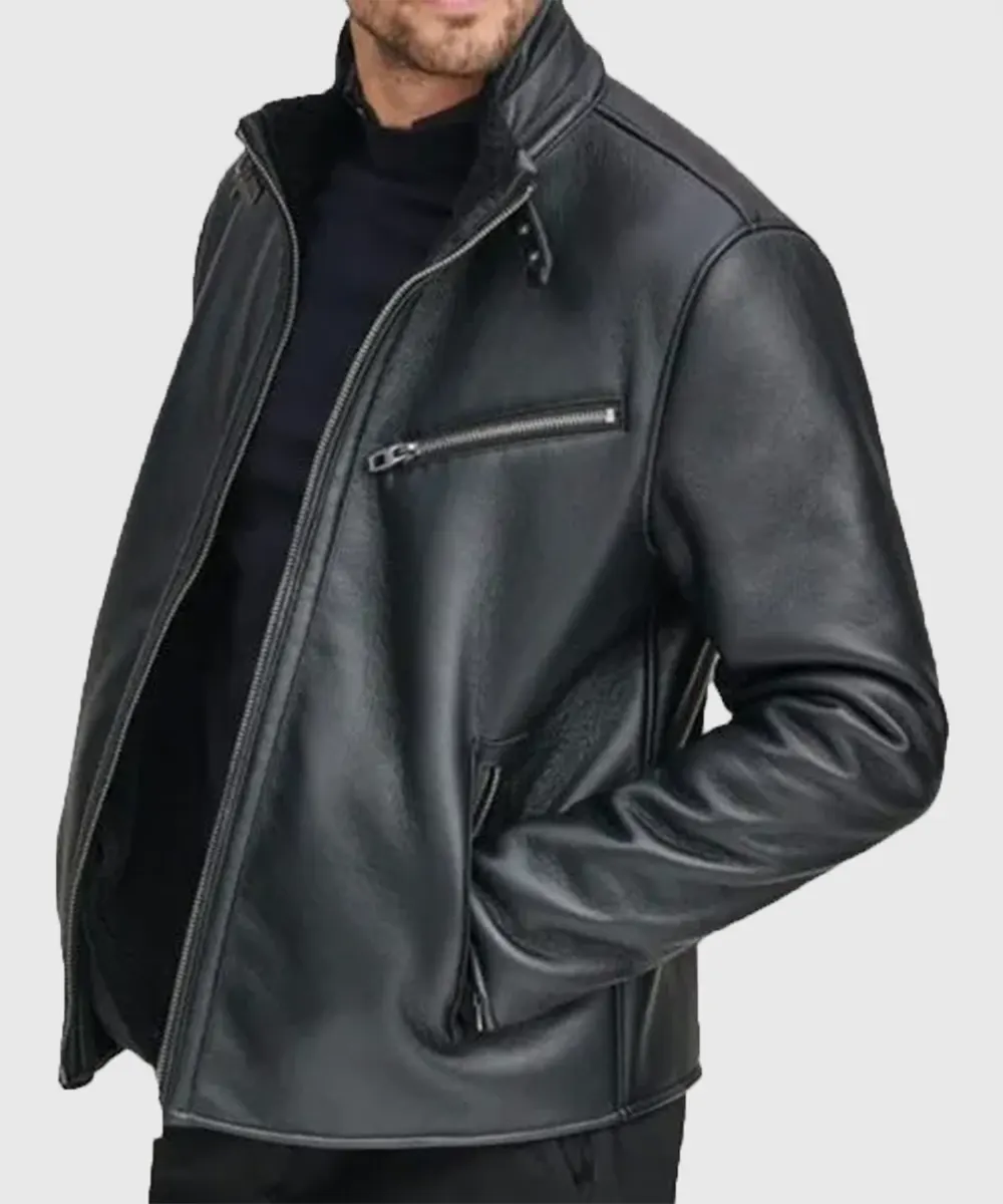 Men Black Zipper Biker Leather Jacker