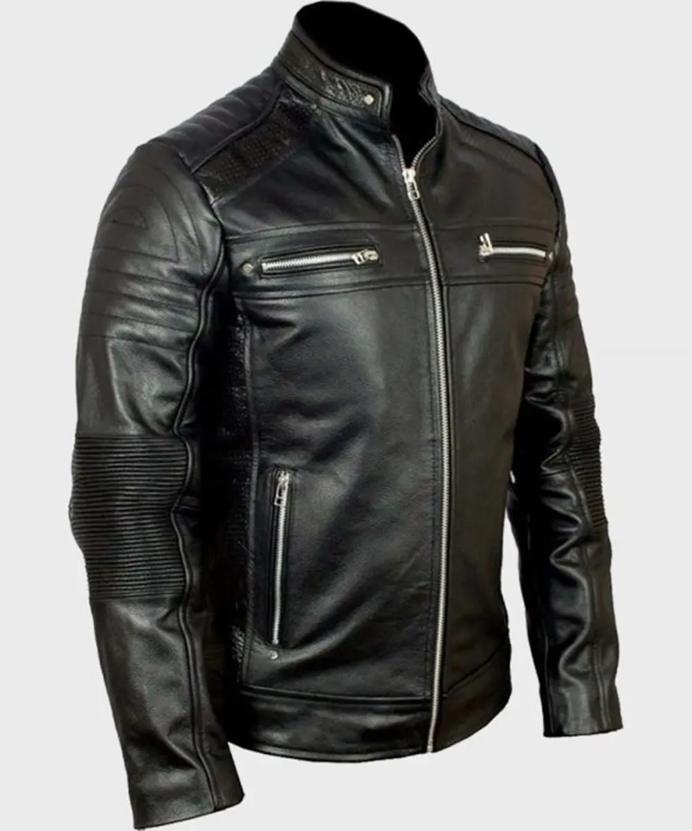 Mens Black Zipepr Biker Leather Jacket