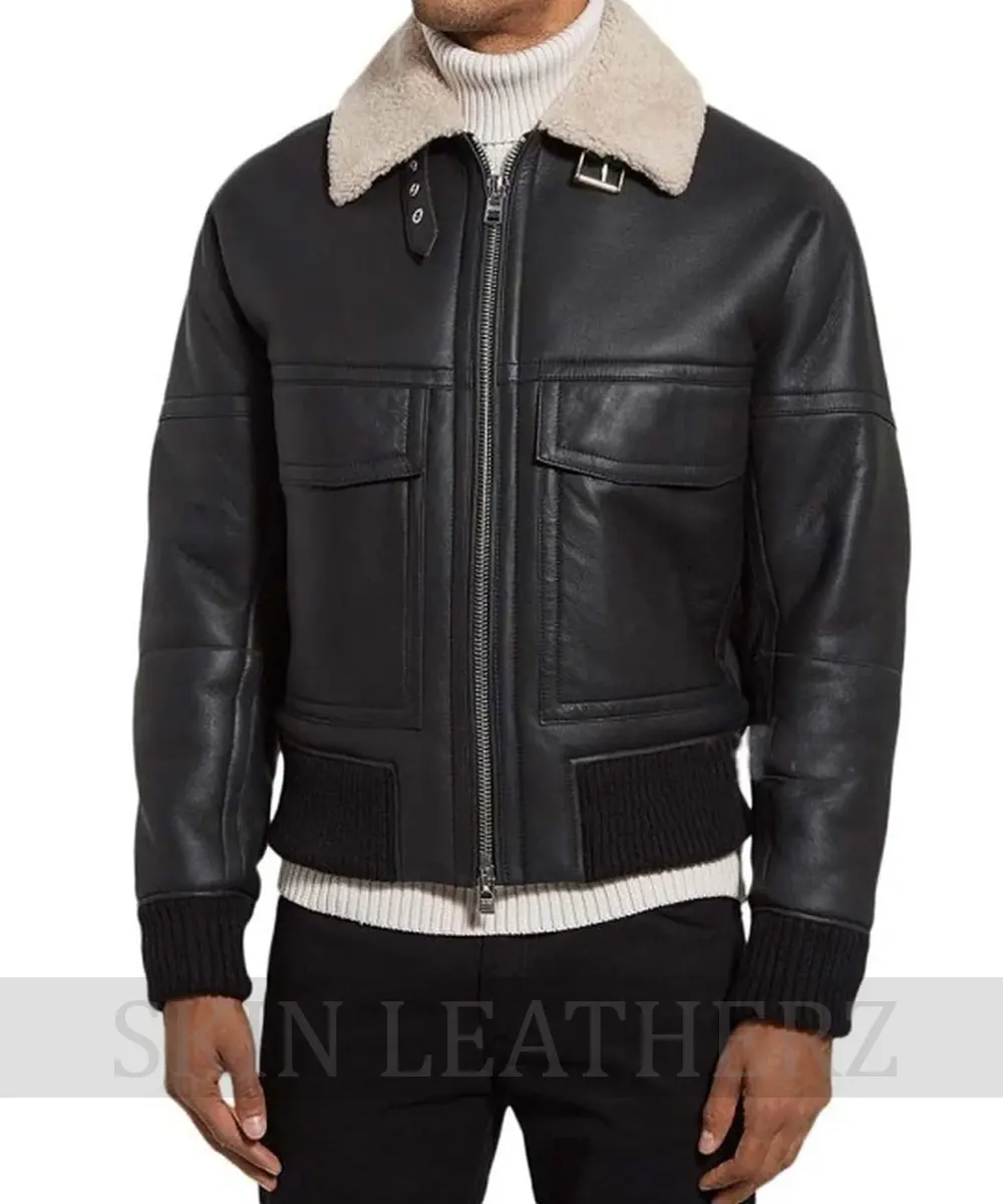 Black Shearling Bomber Leather Jacket for Mens