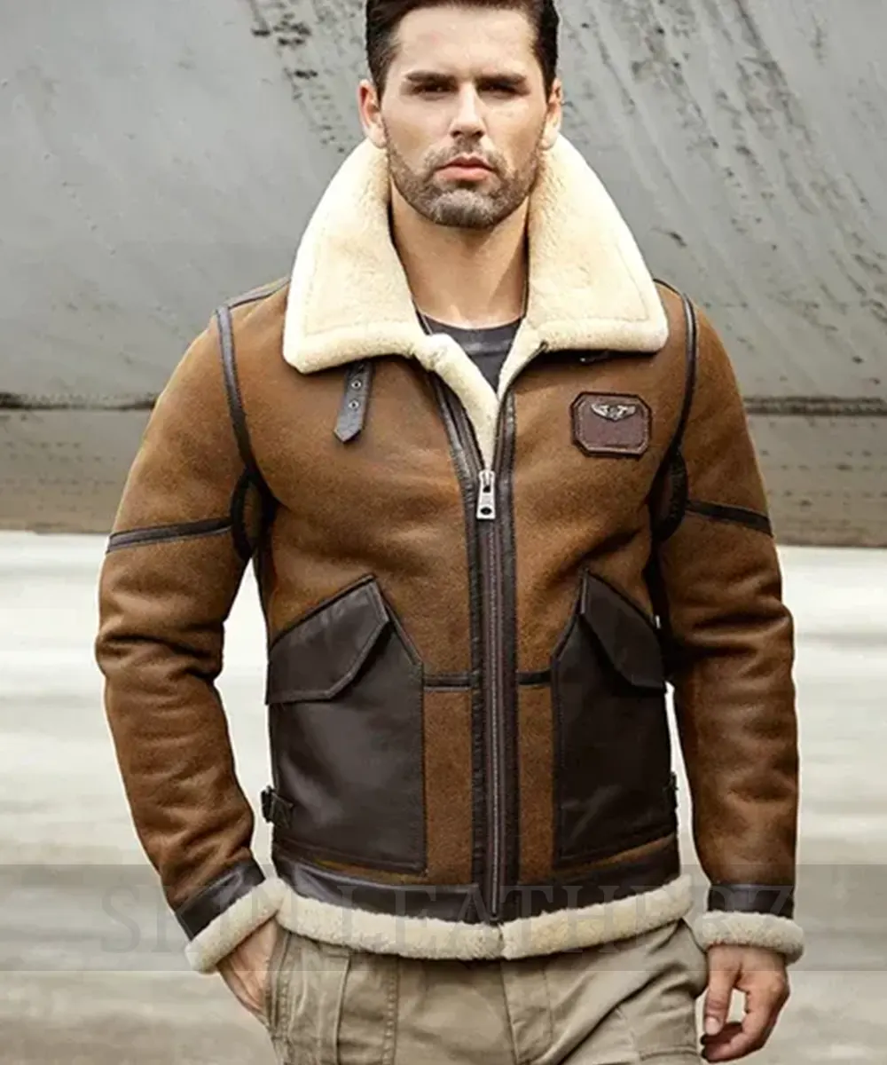 Mens Brown B3 Bomber Shearling Fur Leather Jacket