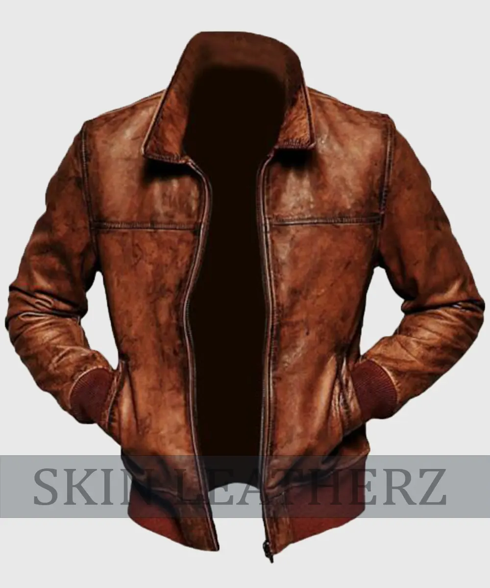 Distressed Brown Bomber Leather Jacket
