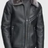 Faux Shearling Collar Black Leather Jacket