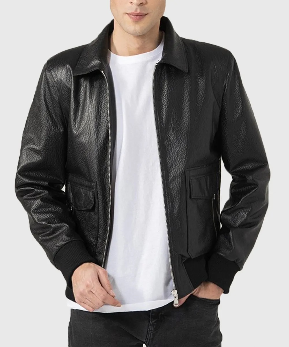 Shirt Collar Black Leather Jacket
