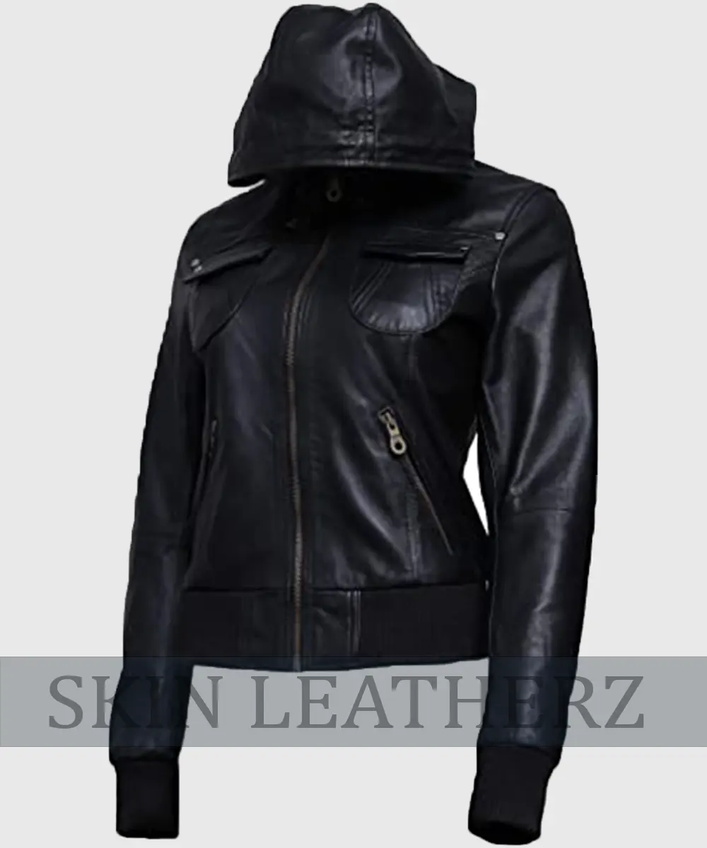 Womens Black Leather Hooded Jacket