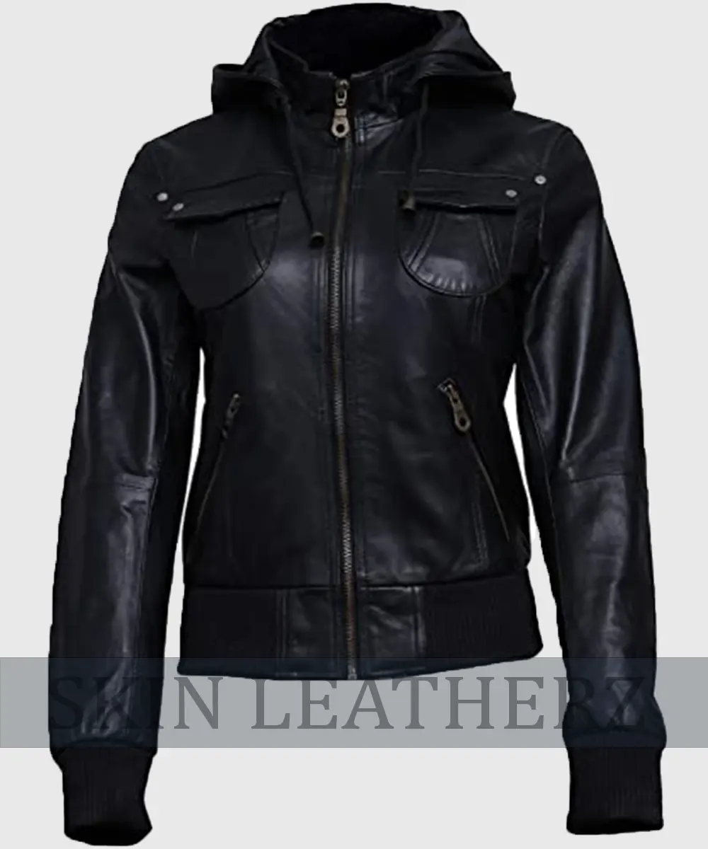 Womens Bomber Leather Hooded Jacket
