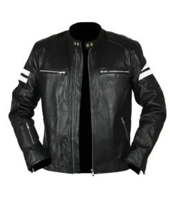 Mens White Stripe Retro Black Biker Jacket