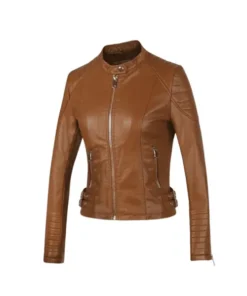 Womens Tan Brown Quilted Patches Leather Jacket