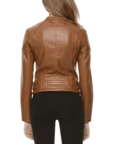 Womens Tan Brown Quilted Patches Leather Jacket